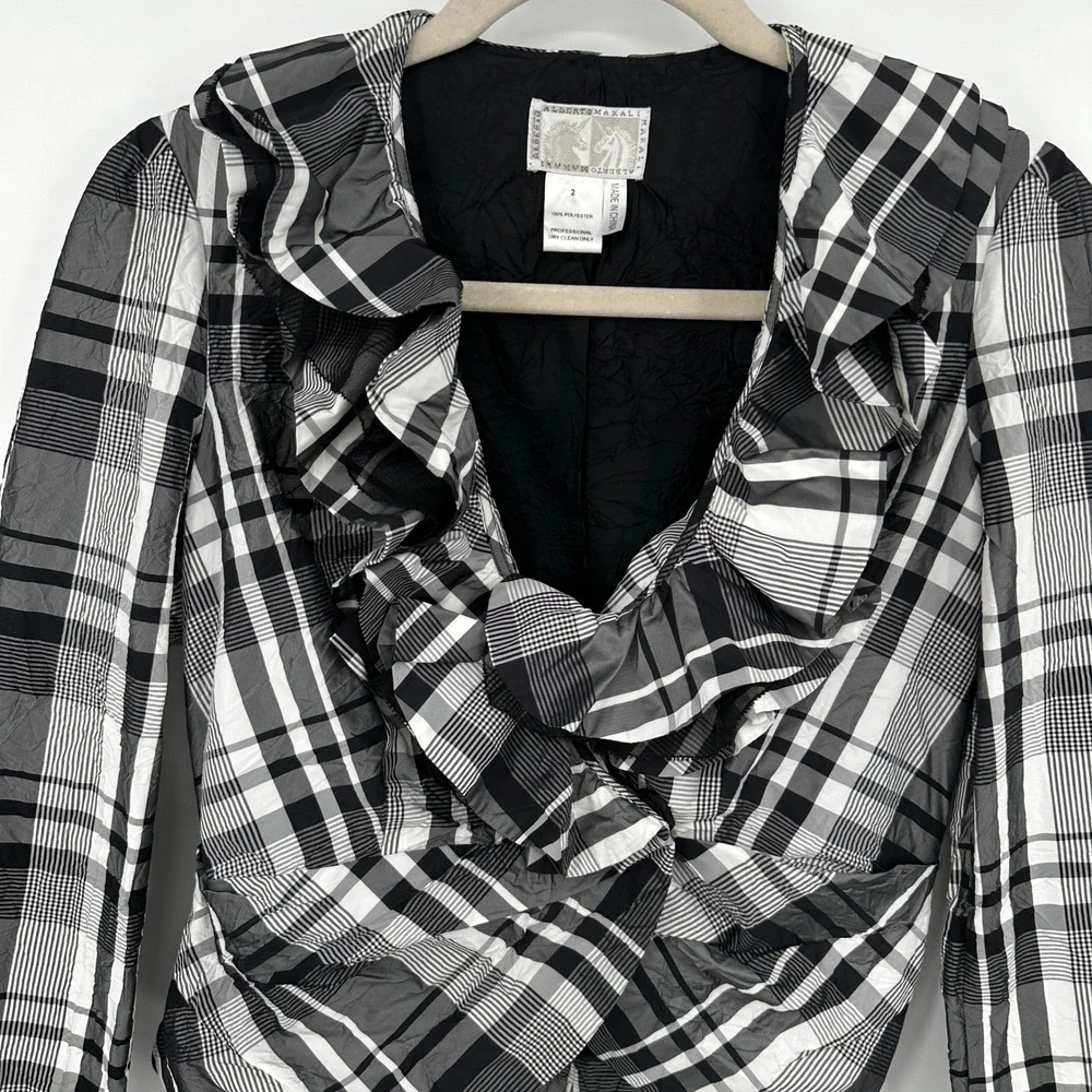 Alberto Makali Women's‎ Size 2 Black White Plaid Ruffle Blazer Jacket Snap Front